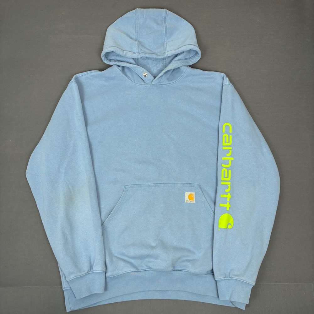 Carhartt Relaxed Fit Light Blue Pullover Logo Sleeve Graphic Hoodie Mens Size XL